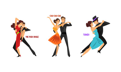 Canvas Print - Set of Various Styles of Dancing, Professional Dance Couples Dancing Cha-Cha-Cha, Paso Doble, Tango Cartoon Vector Illustration