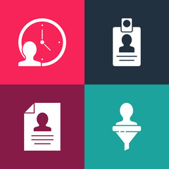 Poster - Set pop art Head hunting, Resume, Identification badge and Time Management icon. Vector.