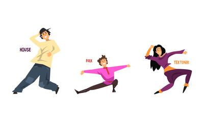 Sticker - Set of Various Styles of Dancing, Professional Dancers Performing House, Folk, Tektonik Cartoon Vector Illustration