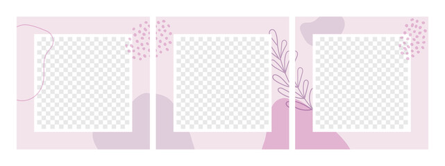 Wall Mural - Vector set of abstract floral seamless backgrounds for social media posts. Minimal square templates with place for photos