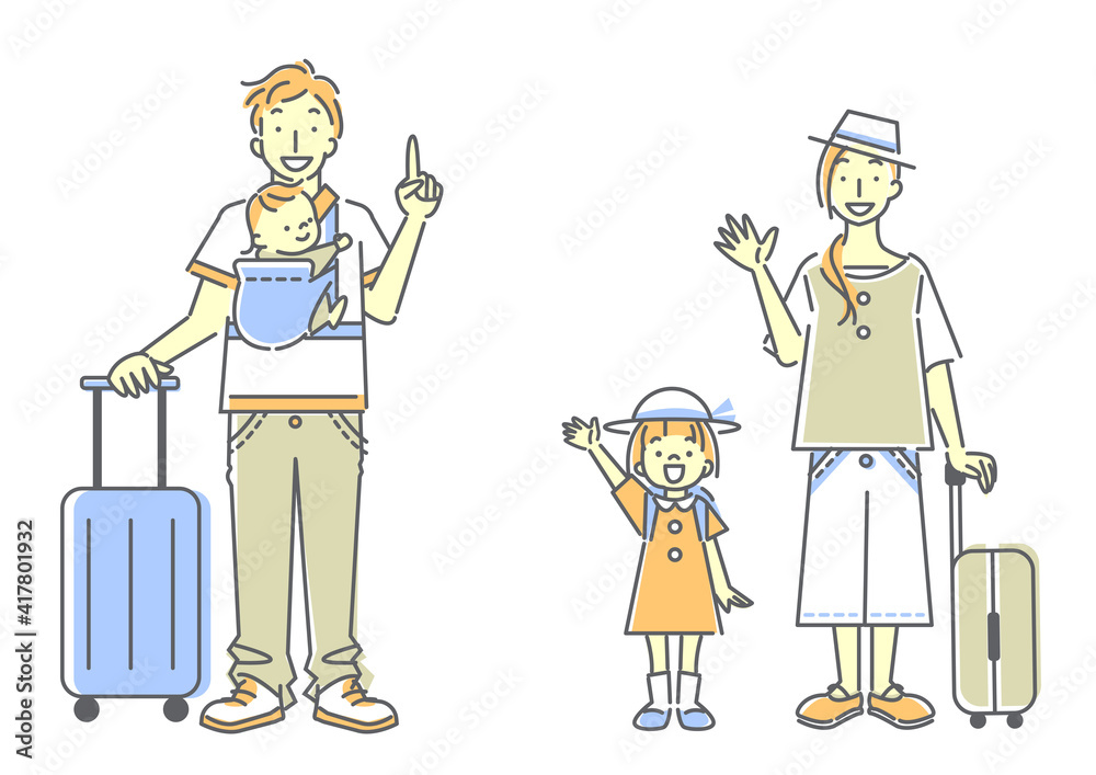楽しく旅行へ出かける四人家族のシンプルでおしゃれな線画イラスト パステルカラー 肌色あり Indeks Malarzy Plakaty