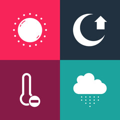 Wall Mural - Set pop art Cloud with rain, Meteorology thermometer, Moon and Sun icon. Vector.