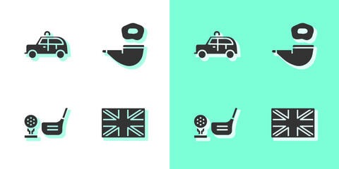 Sticker - Set Flag of Great Britain, Taxi car, Golf club with ball on tee and Smoking pipe icon. Vector.