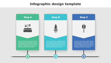 Sticker - Set Boat with oars, Rocket ship fire and Parking. Business infographic template. Vector.