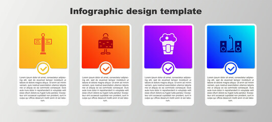 Poster - Set Road traffic signpost, Magic ball on table, Popcorn in box and Home stereo with two speakers. Business infographic template. Vector.