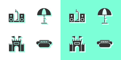 Poster - Set Hotdog, Home stereo with two speakers, Castle and Sun protective umbrella icon. Vector.