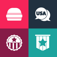 Poster - Set pop art American flag, Medal with star, USA label and Burger icon. Vector.