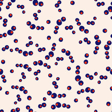 Blue And Red Irregular Vector Dots Randomly Placed As Seamless Repeat Pattern With Ecru White Background.