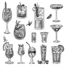 Cocktail Glasses Sketches Set. Hand Drawn Martini, Gin, Wine, Margarita, Cognac, Goblet, Liquor, Scotch, Whiskey. Engraved Vector Illustration For Long And Shot Drinks, Bar Menu, Alcohol Concept