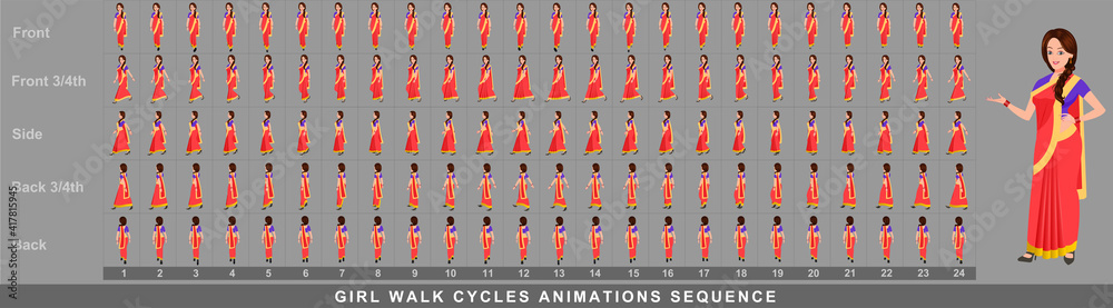 Girl Character Front Walk Cycle Animation Sequence. Frame by frame ...