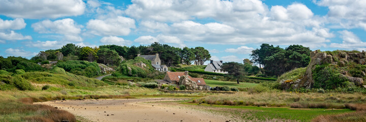 Wall Mural - Scenic panoramic landscape with houses and rocks at Pors Hir, Côtes d'Armor, Brittany, France