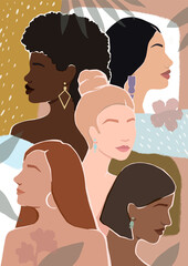 Wall Mural - girls from different ethnic backgrounds together. modern vector bright illustration. for postcards, posters, magazine cover, catalog, book, booklet
