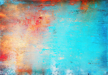 Aufkleber - Artistic rendering of plaster background surface with abstract paint job in blue and orange colors.