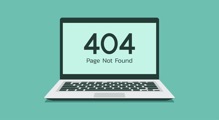 Poster - Error 404 web page not found on laptop computer concept, vector flat illustration