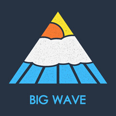 Aufkleber - Big wave t-shirt logo retro design with sunlight, clouds and water wave. Grunge and vintage style. Template design for typography, prints, labels, posters, mugs. Vector illustration