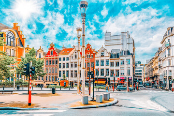 Wall Mural - BRUSSELS, BELGIUM - JULY 07, 2016 : City views cozy European cities - Brussels, Belgium and the European Union's capital. Streets, cafes, restaurants and the people on them.