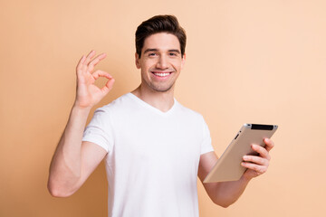 Poster - Portrait of half turned cheerful guy arm hold tablet fingers show okey symbol isolated on beige color background