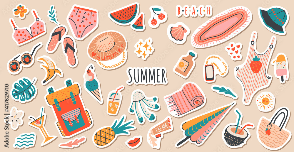 Set of cute vector summer stickers for daily planner. Collection of scrapbooking elements for beach party:cocktail,bag,ice cream,bikini,beach hat.Tropical vacation.Summertime doodle icons pack - obrazy, fototapety, plakaty 