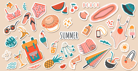 set of cute vector summer stickers for daily planner. collection of scrapbooking elements for beach 