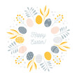 © creative_jen - Round Easter wreath with painted eggs and floral branches and leaves, minimalist Scandinavian nordic folk style, vector illustration isolated