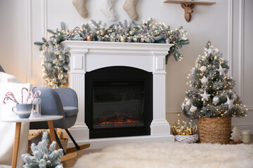 Canvas Print - Fireplace in living room decorated for Christmas