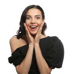 Wall Mural - Portrait of surprised woman on white background