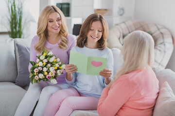 Poster - Photo portrait of granddaughter congratulating granny with anniversary keeping postcard