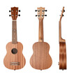 Wooden soprano ukulele isolated on white background. Front, back and side views.