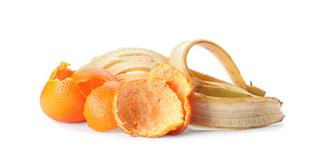 Wall Mural - Banana and tangerine peel on white background. Composting of organic waste