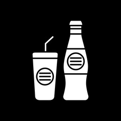 Sticker - Soft drink bottle with glass cup dark mode glyph icon. Bar menu beverage. Cafe soda. Bottled coke and mug with straw. White silhouette symbol on black space. Vector isolated illustration