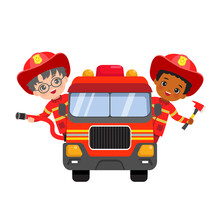 Cute Fire Fighter Boys Riding Fire Truck With Hose And Axe. Flat Vector Cartoon Isolated.
