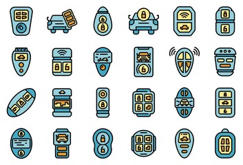 Poster - Smart car key icons set. Outline set of smart car key vector icons thin line color flat on white