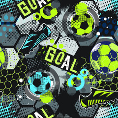 Abstract seamless pattern for boys. Football pattern. Grunge urban pattern with football ball. Sport wallpaper on white background with black and green. Repeated sport pattern.