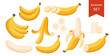 © denis08131 - Set of cartoon illustration yellow bananas. Single, banana peel and bunches of fresh banana fruits.