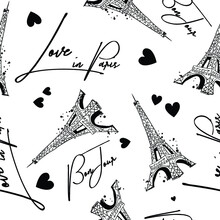 Fashion Seamless Pattern. Bonjour Paris. Pattern With Original Calligraphic Fonts, Sketch Eiffel Tower And Heart. For  Fashion Clothes, T Shirt, Child, Wrapping Paper. Creative Girlish Design  