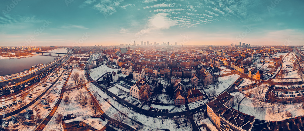 Fotografia Beautiful panoramic aerial drone skyline sunset view of the Warsaw City Centre w
