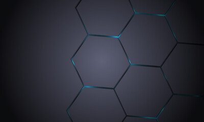 Hexagonal technology dark gray abstract vector background. Blue bright energy flashes under hexagon in futuristic modern vector illustration. Gray honeycomb 3d texture grid.