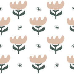 Poster - Modern abstract seamless pattern with creative pastel flowers and leaves on white background. Vector hand drawn design for wallpaper, textile, paper, cover, fabric, interior decor	