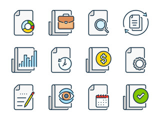 Poster - Report, Business document and Research list related vector color line icons. Documentation and File management colorful outline icon set.