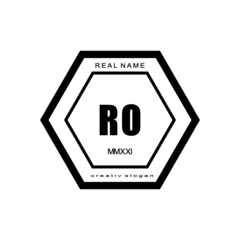 Initial letter RO minimalist line art hexagon logo, Black color minimalist line art Polygon logo