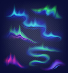 Wall Mural - Realistic northern lights set vector. Amazing aurora borealis night polar sky on alpha stransparent background