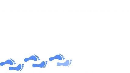Wall Mural - Bare feet prints steps appearing on white background. Cartoon animation. Copy space. Alpha channel. Blue