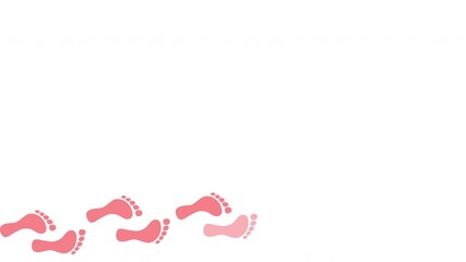 Wall Mural - Bare feet prints steps appearing on white background. Cartoon animation. Copy space. Alpha channel. Pink