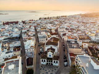 Canvas Print - Aerial view of Olhao with a church in the foreground, Algarve, Portugal