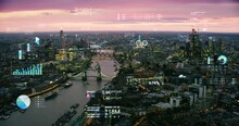Augmented Reality Elements Over London Financial District With Financial Charts And Data. 
Futuristic Aerial Skyline Of London With Stock Exchange Figures. Representing Concepts As Big Data, AR.
