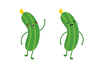 Wall Mural - Couple of cute cartoon style cucumber characters, pickles happy smiling and sad crying.