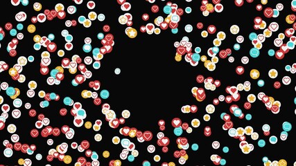 Poster - Colorful stream of signs of social networking. Animation. Stream of colorful balloons with social media icons on black background. Lots of moving notification icons and hearts with space to insert