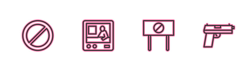 Sticker - Set line Ban, Protest, Television report and Pistol gun icon. Vector.