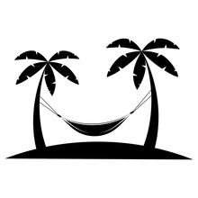Hammock Icon In Glyph Style. Hammock Between Palm Trees In Black Color. Glyph Icon Relaxes. Palm Trees On The Beach. Summer Logotype. Vector Illustration