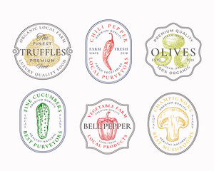 Wall Mural - Vegetables and Mushrooms Frame Badges or Logo Templates Collection. Hand Drawn Olives, Truffles, Pickle, Bell and Chili Pepper Sketches with Typography and Borders. Premium Emblems Set. Isolated